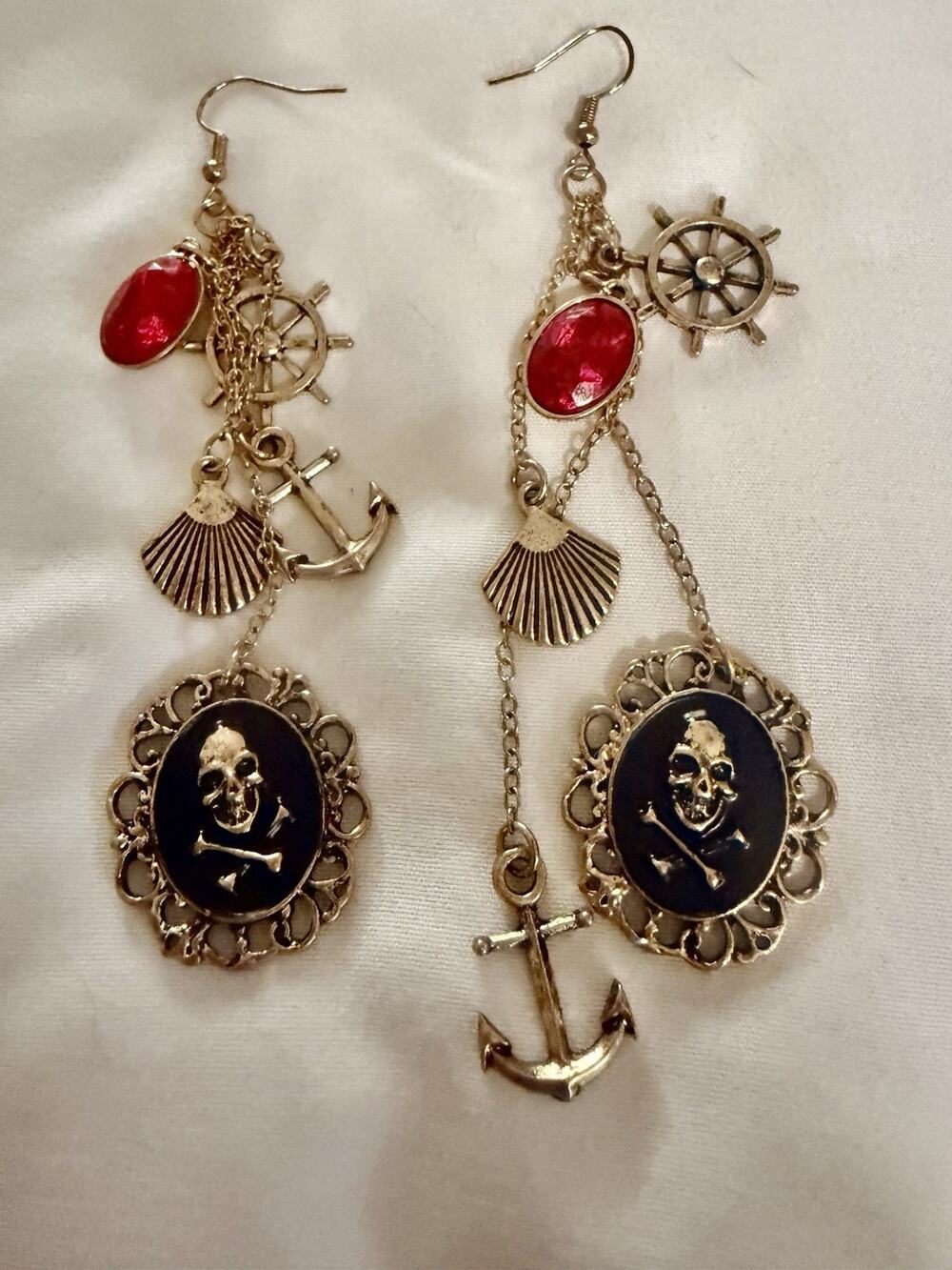pirate earrings Skull Anchor Crossbones Nautical 4” Long Charm Dangle